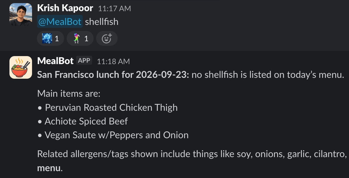 Krish asks MealBot about shellfish. MealBot replies that no shellfish is listed on today's San Francisco lunch menu and lists the main items.